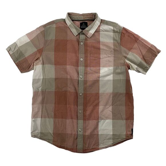 PrAna Size L Brighton Plaid Button Down Shirt Short Sleeve Organic Cotton - Picture 1 of 8